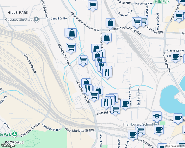 map of restaurants, bars, coffee shops, grocery stores, and more near 1410 Peter Haughton Way in Atlanta