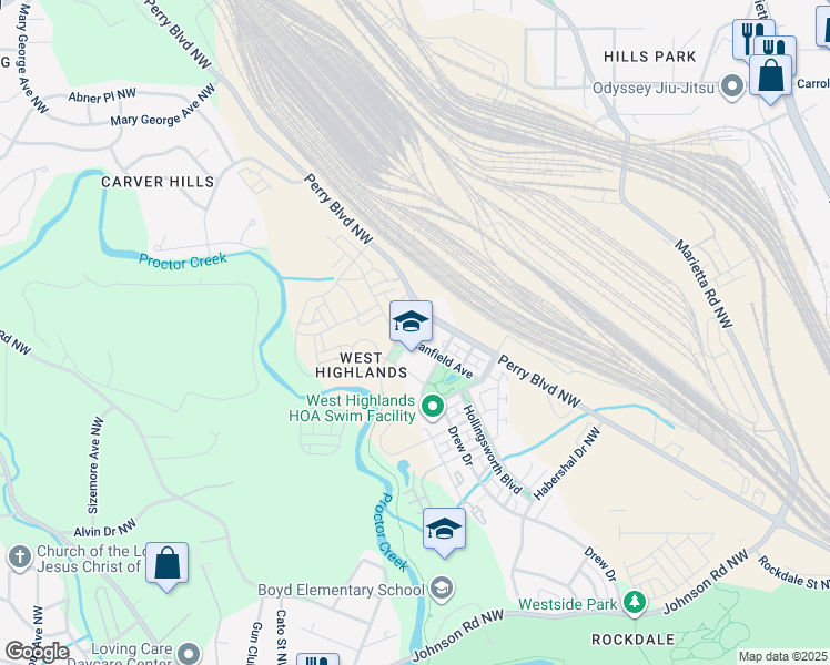 map of restaurants, bars, coffee shops, grocery stores, and more near 1914 Perry Boulevard Northwest in Atlanta