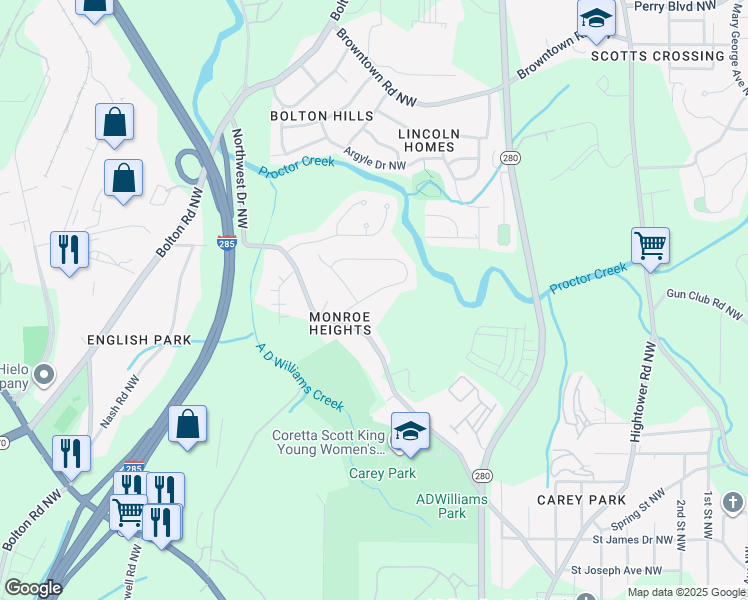 map of restaurants, bars, coffee shops, grocery stores, and more near 2843 Mango Circle Northwest in Atlanta