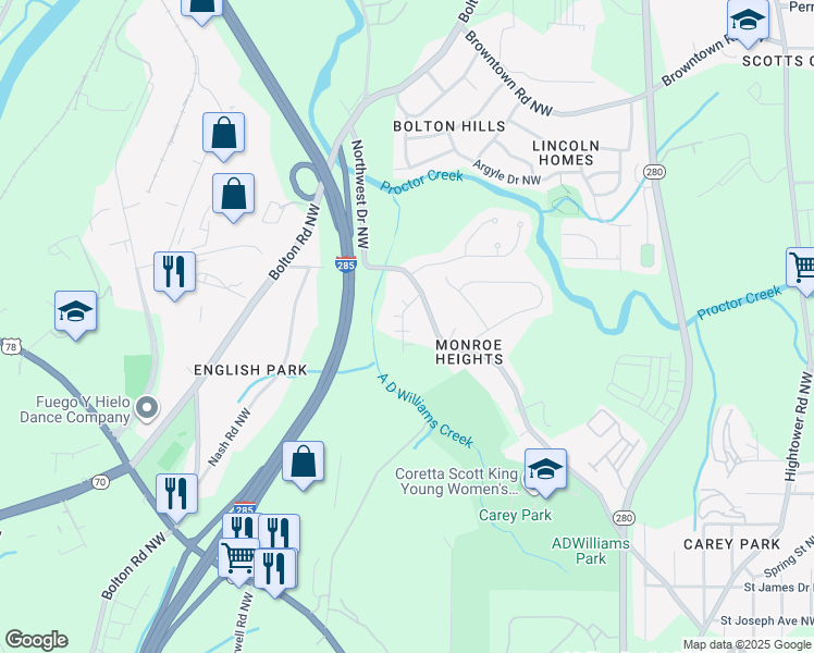 map of restaurants, bars, coffee shops, grocery stores, and more near 1456 Northwest Drive Northwest in Atlanta