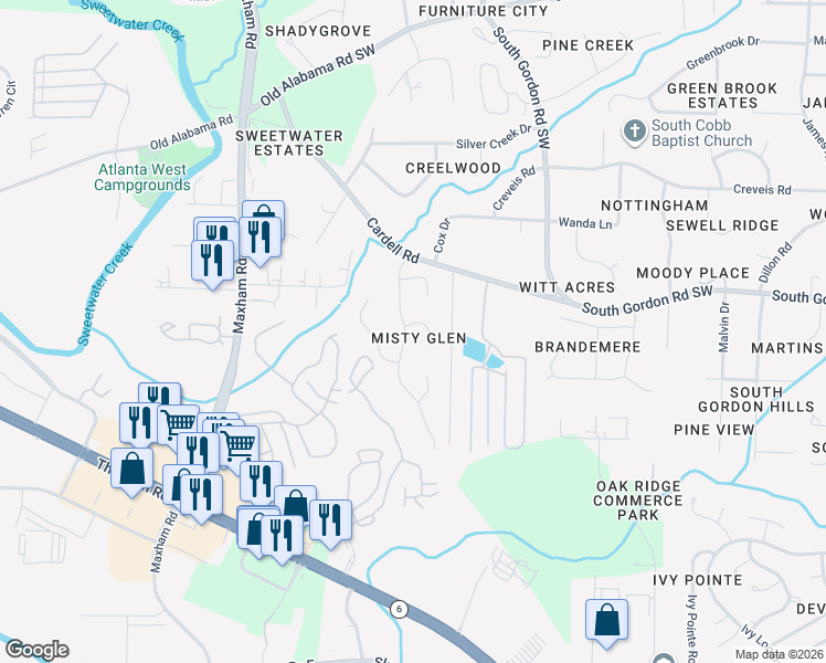 map of restaurants, bars, coffee shops, grocery stores, and more near 2003 McEwen Circle in Austell