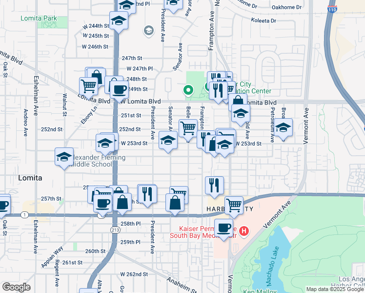 map of restaurants, bars, coffee shops, grocery stores, and more near 1423 West 253rd Street in Los Angeles