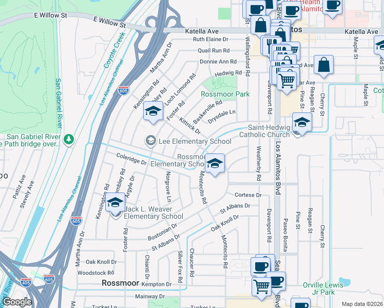 map of restaurants, bars, coffee shops, grocery stores, and more near 11571 Harrisburg Road in Los Alamitos