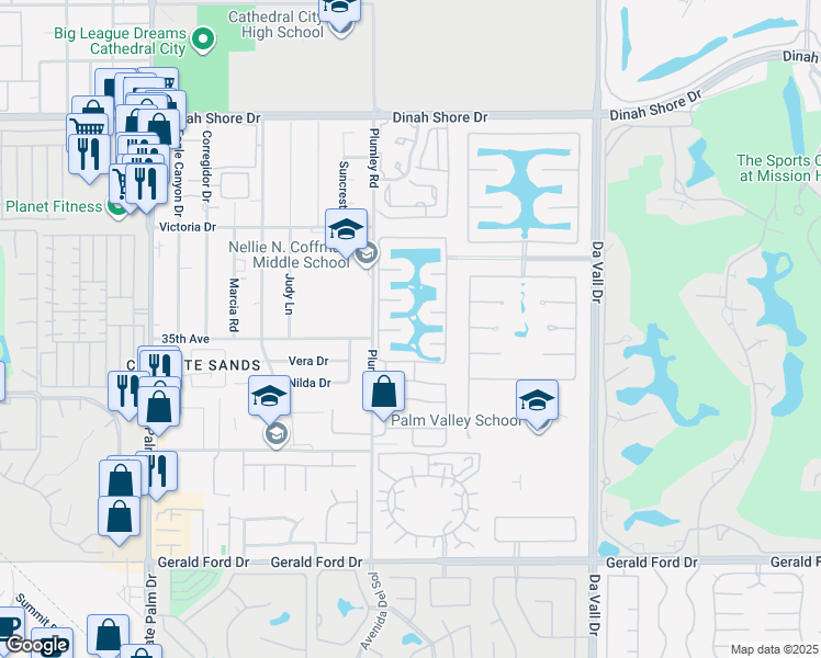 map of restaurants, bars, coffee shops, grocery stores, and more near 13 Lake Geneva Court in Rancho Mirage