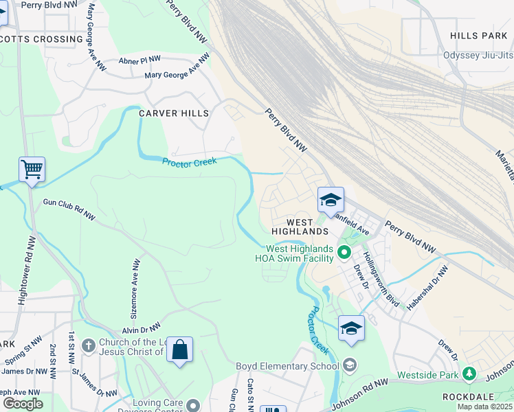 map of restaurants, bars, coffee shops, grocery stores, and more near 2042 Drew Drive in Atlanta