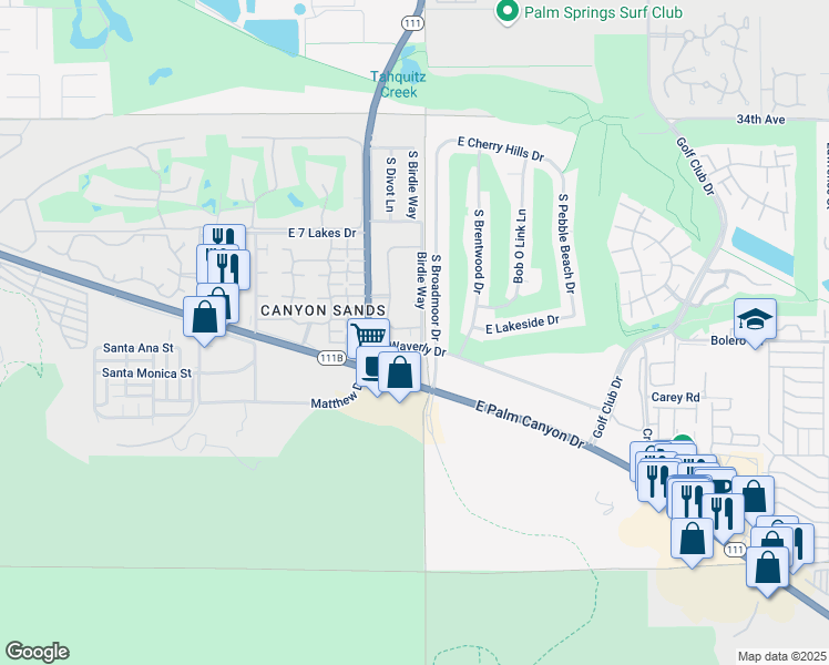 map of restaurants, bars, coffee shops, grocery stores, and more near 4881 South Winners Circle in Palm Springs