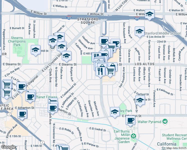 map of restaurants, bars, coffee shops, grocery stores, and more near 2134 Montair Avenue in Long Beach