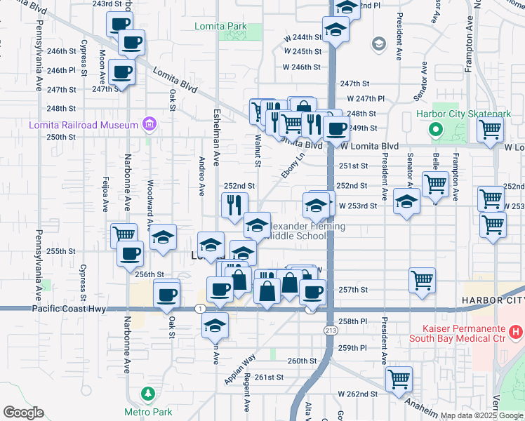 map of restaurants, bars, coffee shops, grocery stores, and more near 25316 Ebony Lane in Lomita