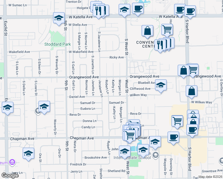map of restaurants, bars, coffee shops, grocery stores, and more near 11572 Kathy Lane in Garden Grove