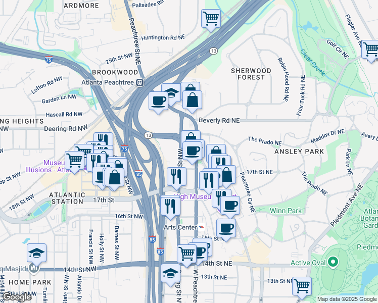 map of restaurants, bars, coffee shops, grocery stores, and more near 1460 West Peachtree Street Northwest in Atlanta