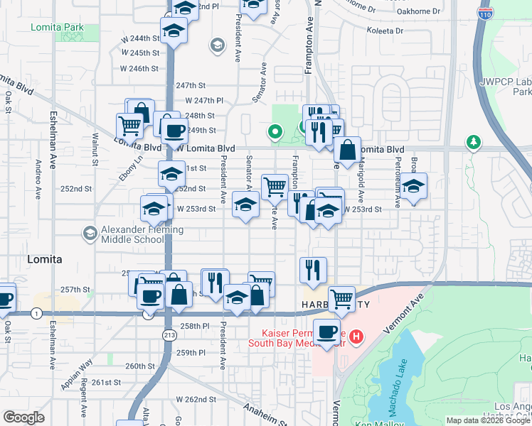 map of restaurants, bars, coffee shops, grocery stores, and more near 1414 West 253rd Street in Los Angeles