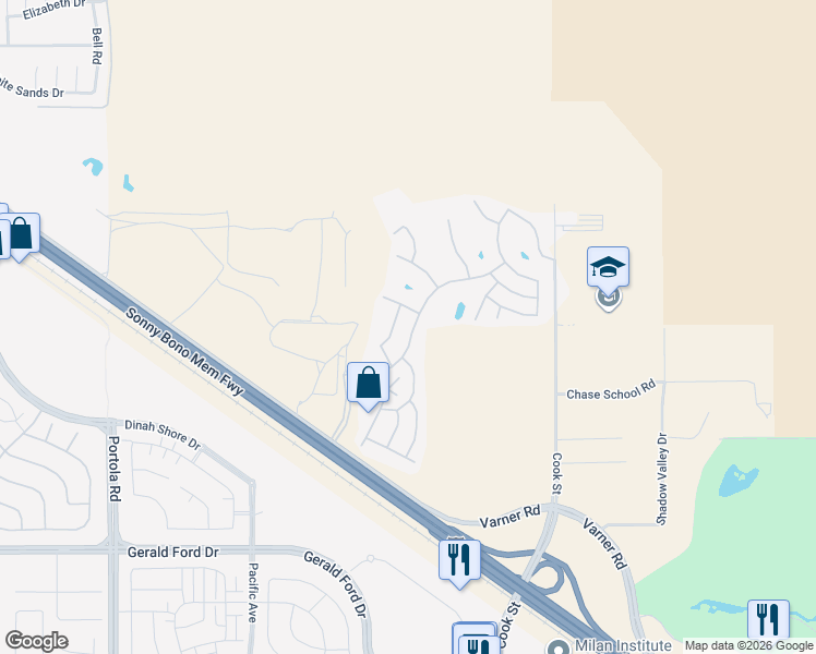 map of restaurants, bars, coffee shops, grocery stores, and more near 74626 Stage Line Drive in Thousand Palms