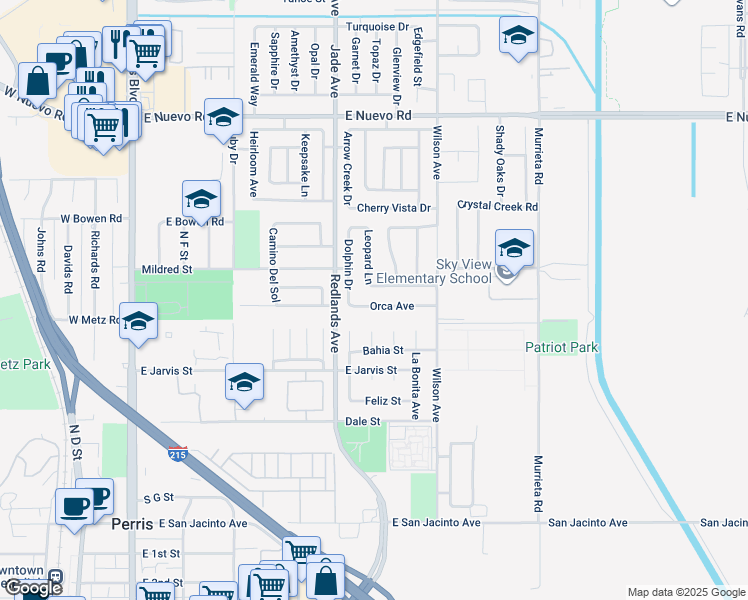 map of restaurants, bars, coffee shops, grocery stores, and more near 476 Orca Avenue in Perris
