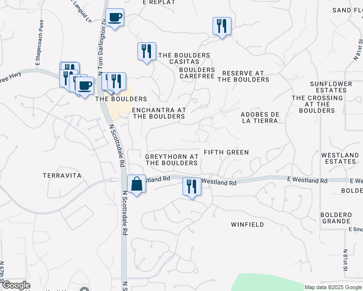 map of restaurants, bars, coffee shops, grocery stores, and more near 7466 East High Point Drive in Scottsdale