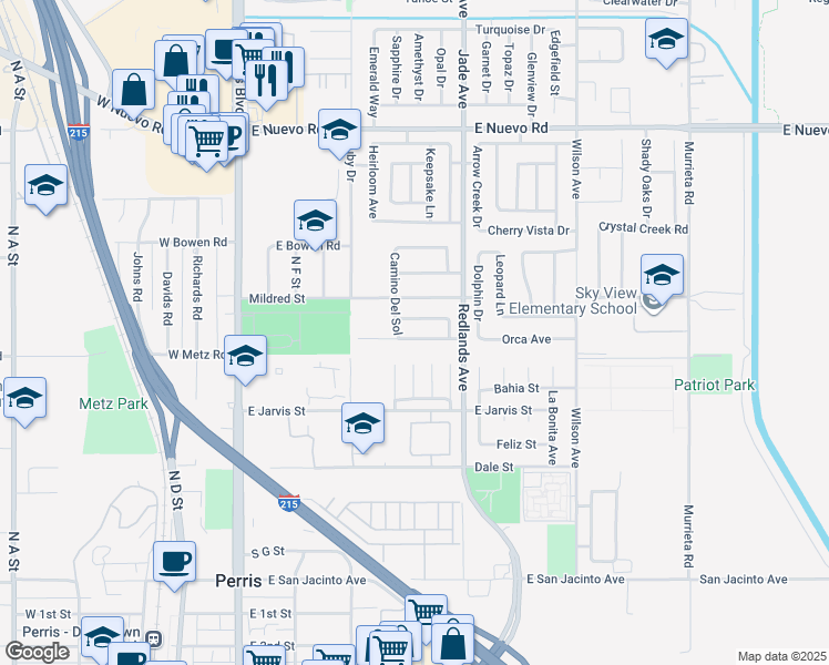 map of restaurants, bars, coffee shops, grocery stores, and more near 337 Camino De La Estrella in Perris