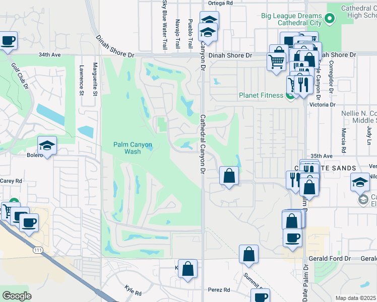 map of restaurants, bars, coffee shops, grocery stores, and more near 34908 Calle Avila in Cathedral City