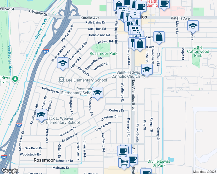map of restaurants, bars, coffee shops, grocery stores, and more near 3312 Kenilworth Drive in Los Alamitos