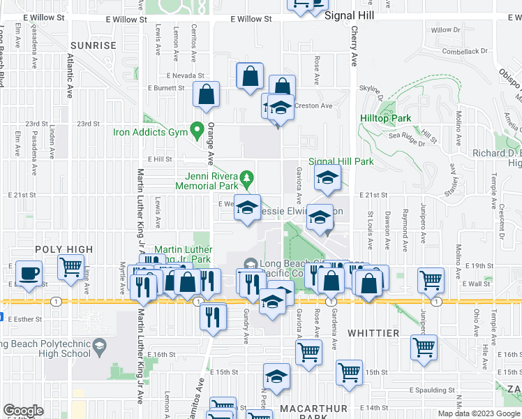 map of restaurants, bars, coffee shops, grocery stores, and more near 1354 East Wesley Drive in Long Beach