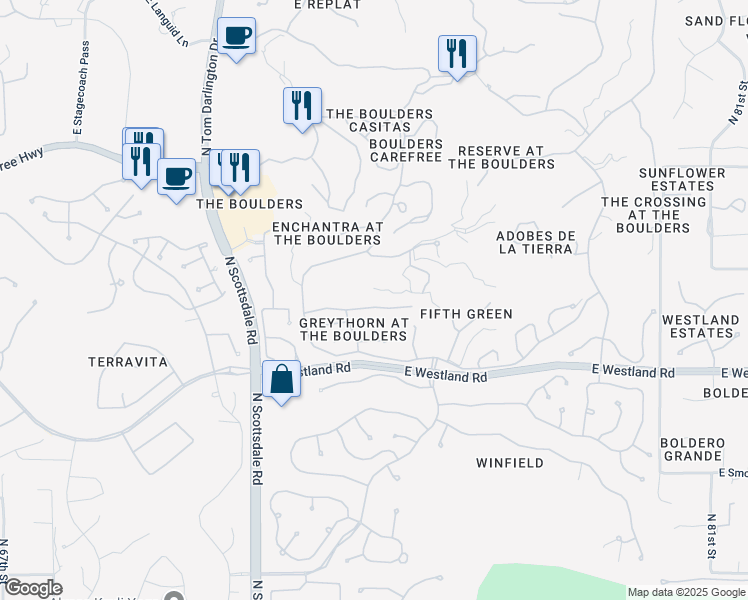 map of restaurants, bars, coffee shops, grocery stores, and more near 7466 East High Point Drive in Scottsdale