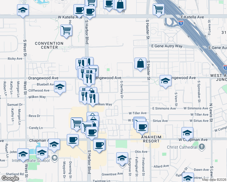 map of restaurants, bars, coffee shops, grocery stores, and more near 329 West Cliffwood Avenue in Anaheim