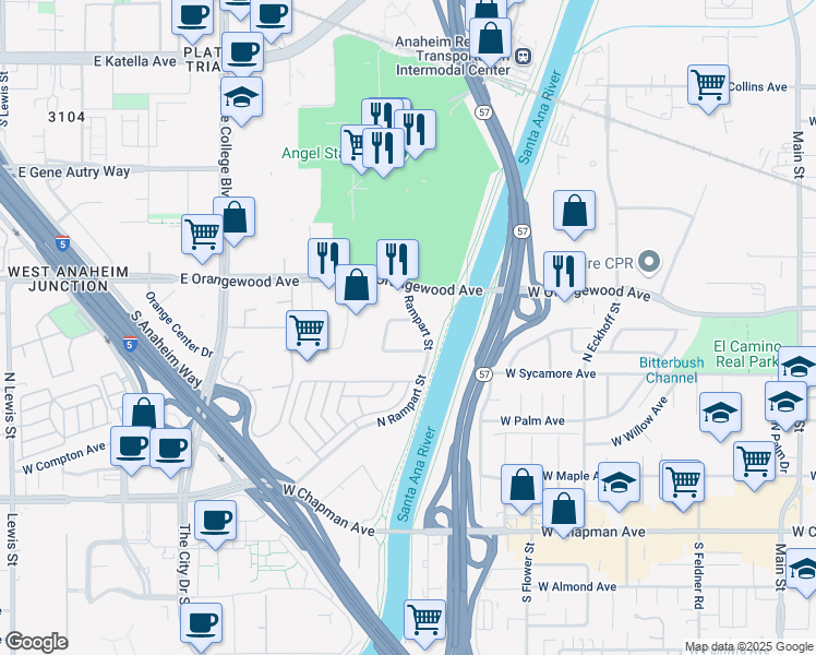 map of restaurants, bars, coffee shops, grocery stores, and more near 2150 Rampart Street in Anaheim