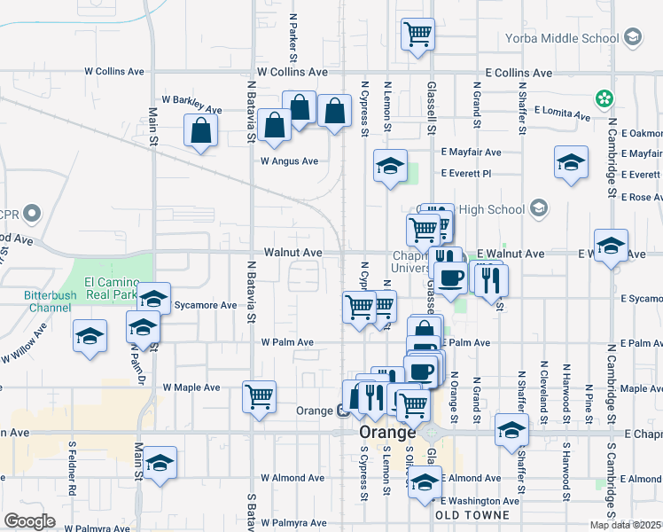 map of restaurants, bars, coffee shops, grocery stores, and more near 520 West Walnut Avenue in Orange