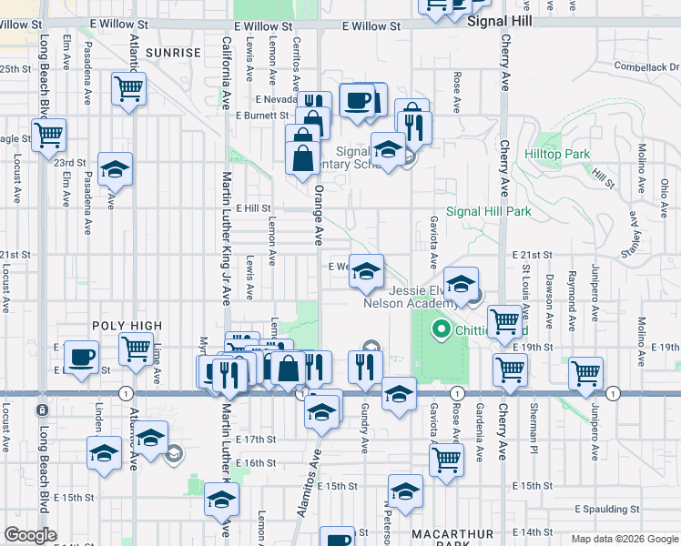 map of restaurants, bars, coffee shops, grocery stores, and more near 1229 East Wesley Drive in Long Beach