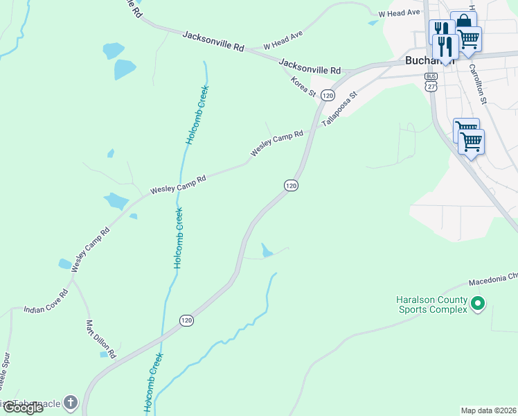 map of restaurants, bars, coffee shops, grocery stores, and more near 3770 Georgia 120 in Tallapoosa