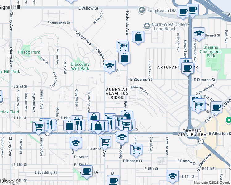 map of restaurants, bars, coffee shops, grocery stores, and more near 3282 View Ridge Drive in Long Beach