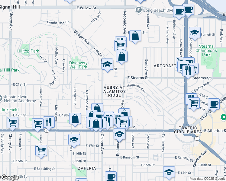 map of restaurants, bars, coffee shops, grocery stores, and more near 3306 Ridge Park Court in Long Beach
