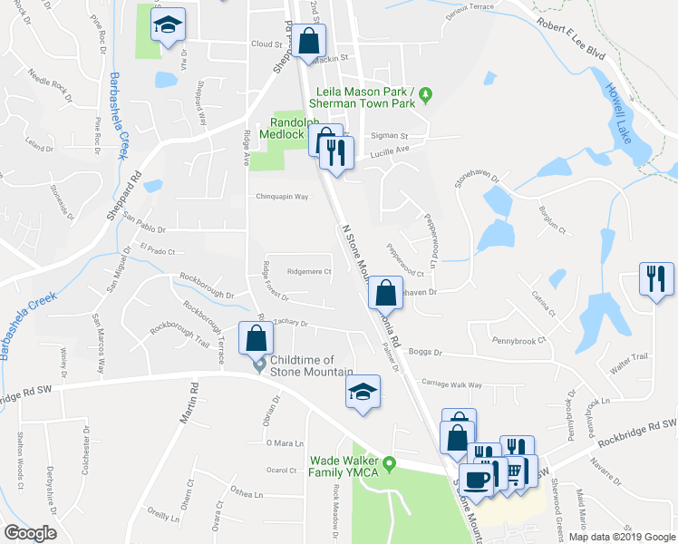 map of restaurants, bars, coffee shops, grocery stores, and more near 5181 Ridge Forest Drive in Stone Mountain