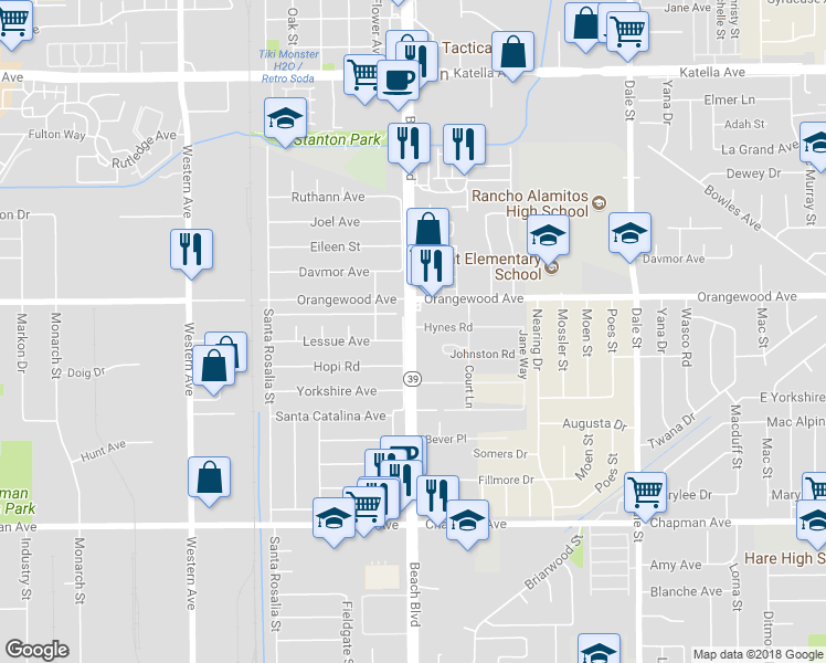 map of restaurants, bars, coffee shops, grocery stores, and more near Beach Boulevard in Stanton