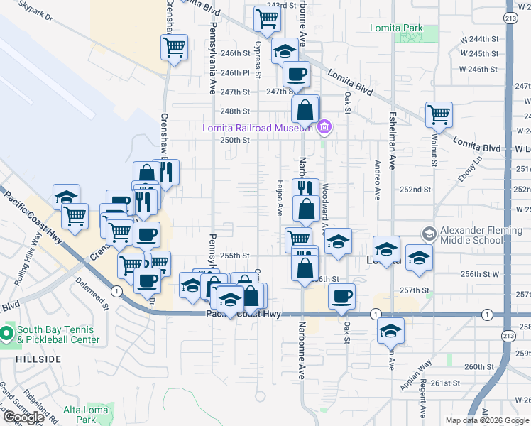 map of restaurants, bars, coffee shops, grocery stores, and more near 2262 Blue Rose Court in Lomita