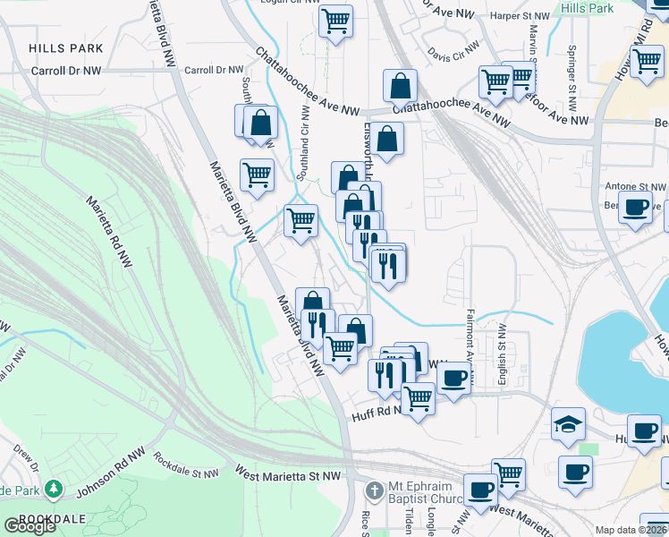 map of restaurants, bars, coffee shops, grocery stores, and more near 1394 Peter Haughton Way in Atlanta