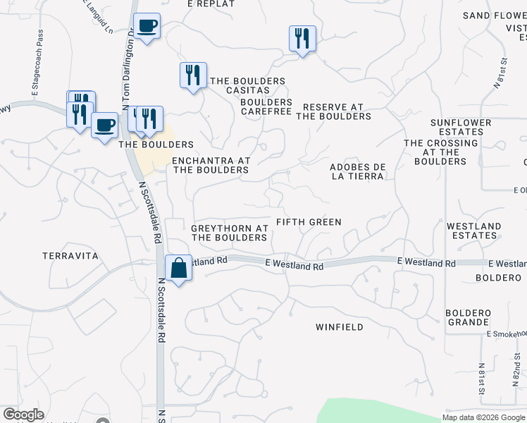 map of restaurants, bars, coffee shops, grocery stores, and more near 7530 East High Point Drive in Scottsdale