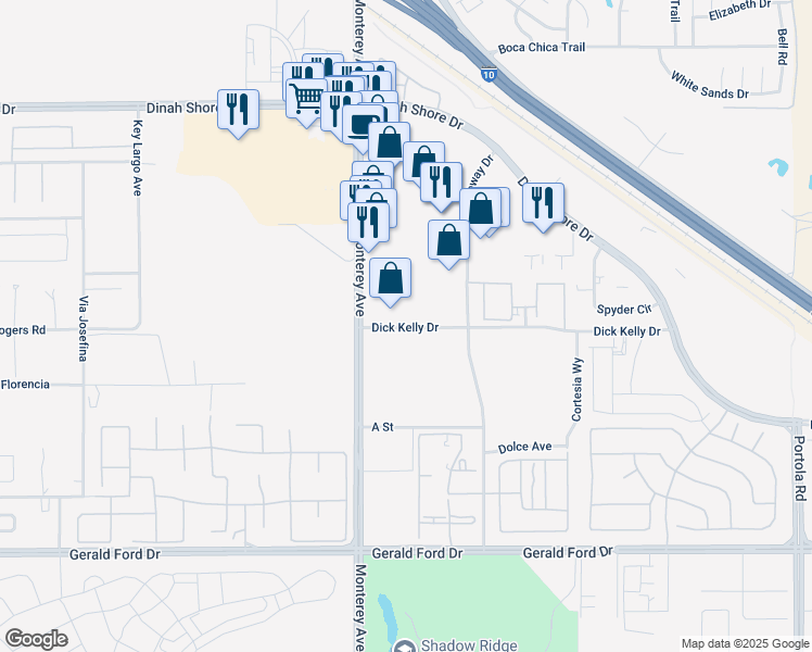 map of restaurants, bars, coffee shops, grocery stores, and more near 34900 Monterey Avenue in Palm Desert