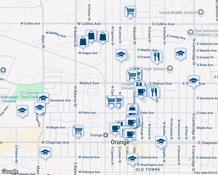 map of restaurants, bars, coffee shops, grocery stores, and more near 416 West Walnut Avenue in Orange