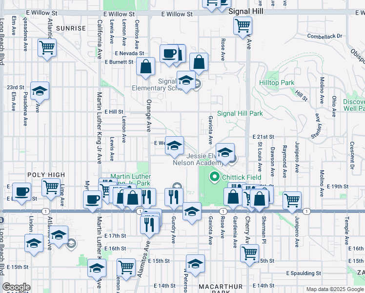 map of restaurants, bars, coffee shops, grocery stores, and more near 1354 East Wesley Drive in Long Beach