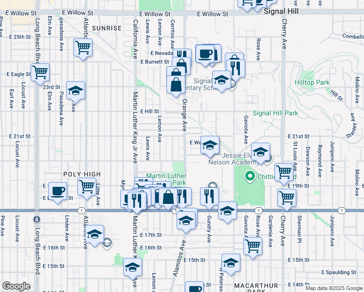 map of restaurants, bars, coffee shops, grocery stores, and more near 1229 East Wesley Drive in Long Beach