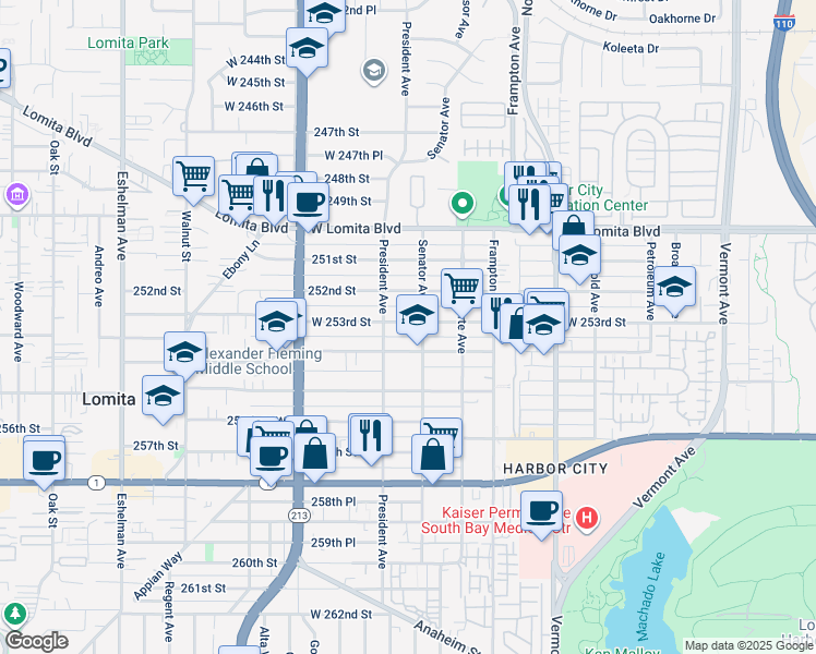 map of restaurants, bars, coffee shops, grocery stores, and more near 1521 West 253rd Street in Los Angeles