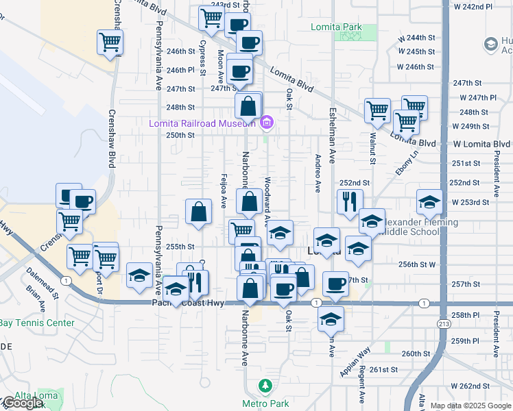 map of restaurants, bars, coffee shops, grocery stores, and more near in Lomita