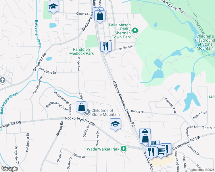 map of restaurants, bars, coffee shops, grocery stores, and more near 5181 Ridge Forest Drive in Stone Mountain