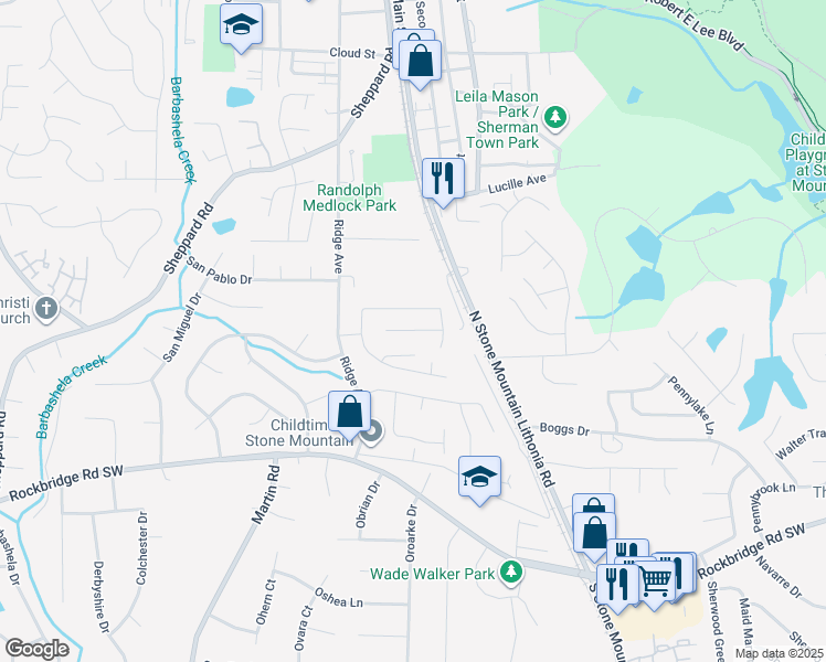 map of restaurants, bars, coffee shops, grocery stores, and more near 5238 Ridge Forest Drive in Stone Mountain