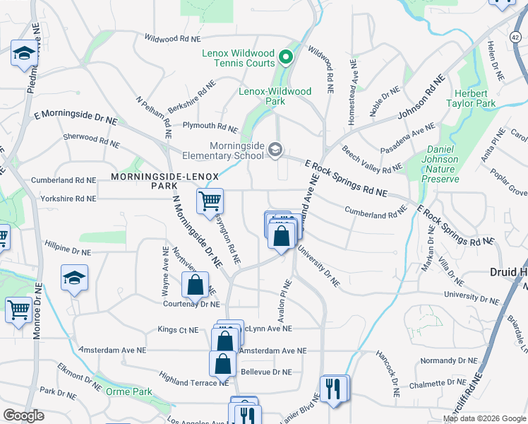 map of restaurants, bars, coffee shops, grocery stores, and more near 1475 Lanier Place Northeast in Atlanta