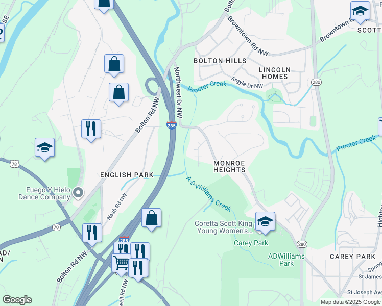 map of restaurants, bars, coffee shops, grocery stores, and more near 1514 Northwest Drive Northwest in Atlanta
