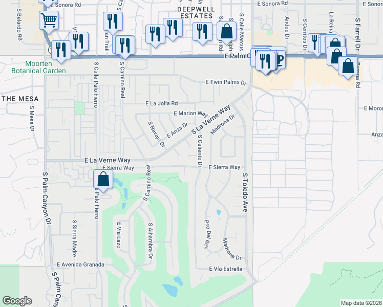 map of restaurants, bars, coffee shops, grocery stores, and more near 2077 South Caliente Drive in Palm Springs
