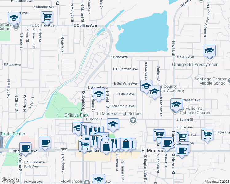 map of restaurants, bars, coffee shops, grocery stores, and more near 3727 East Euclid Avenue in Orange