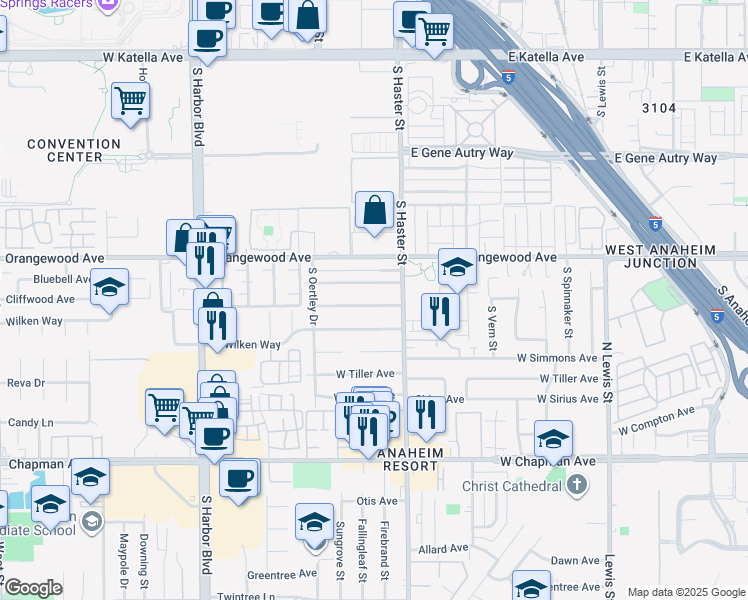 map of restaurants, bars, coffee shops, grocery stores, and more near 127 West Cliffwood Avenue in Anaheim