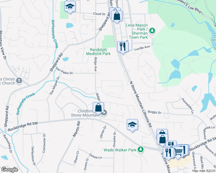 map of restaurants, bars, coffee shops, grocery stores, and more near 5274 Ridge Forest Drive in Stone Mountain