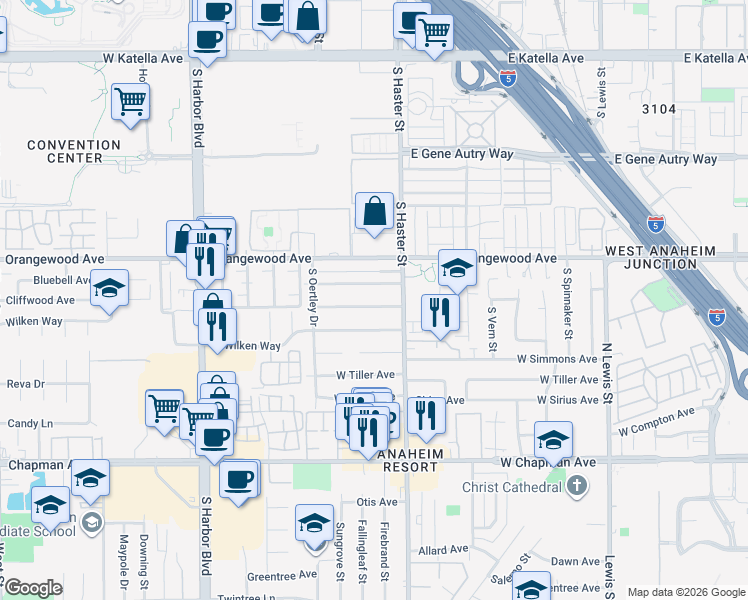map of restaurants, bars, coffee shops, grocery stores, and more near 127 West Cliffwood Avenue in Anaheim